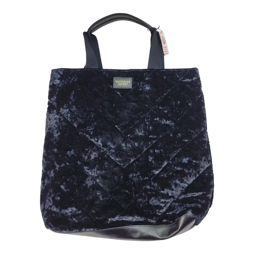 Victoria’s Secret Limited Black Chevron Crushed Velvet Quilted V Tote Bag